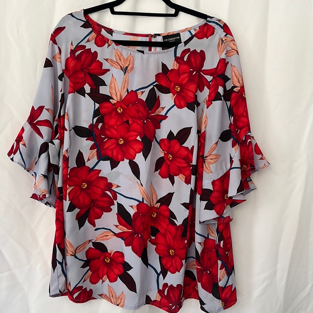 Liz Claiborne Violet and Red Floral Blouse with Ruffled Sleeves Blouse Size 2X